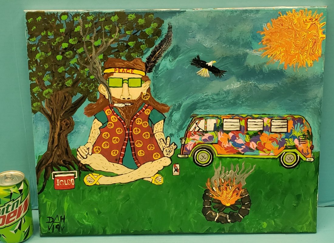 Dale Hinsley "Redbone" Hippie Folk Art: 20" x 16" Painting on canvas signed on back and numbered. PLEASE READ & UNDERSTAND THE PAYMENT & SHIPPING TERMS FOR THIS AUCTION PRIOR TO PLACING BIDS.