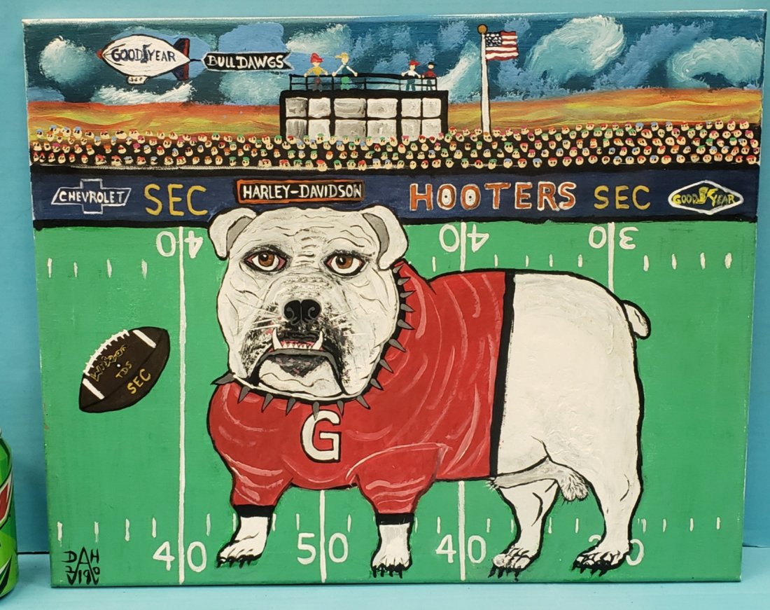 Dale Hinsley "Redbone" Bulldawgs Folk Art: 20" x 16" Painting on canvas #100 and signed on back. Excellent condition. PLEASE READ & UNDERSTAND THE PAYMENT & SHIPPING TERMS FOR THIS AUCTION PRIOR TO PLACING BIDS. ALL BIDDERS ARE BOUND TO THE TE
