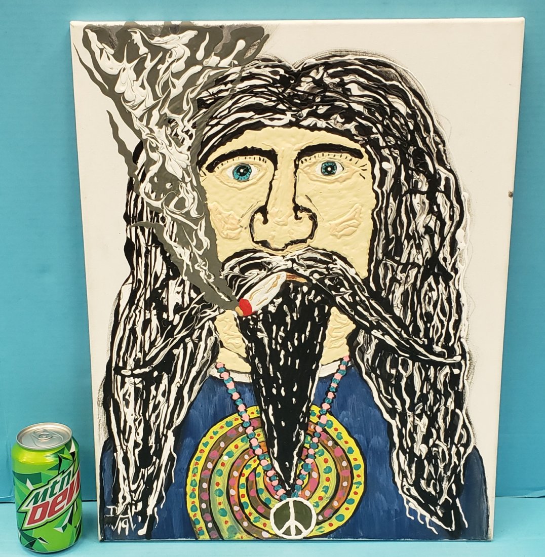 Dale Hinsley "Redbone" Hippie Folk Art: 16" X 20" Painting on canvas titled "Hippie Man" Signed on back in excellent condition. PLEASE READ & UNDERSTAND THE PAYMENT & SHIPPING TERMS FOR THIS AUCTION PRIOR TO PLACING BIDS. ALL BIDDERS ARE BO