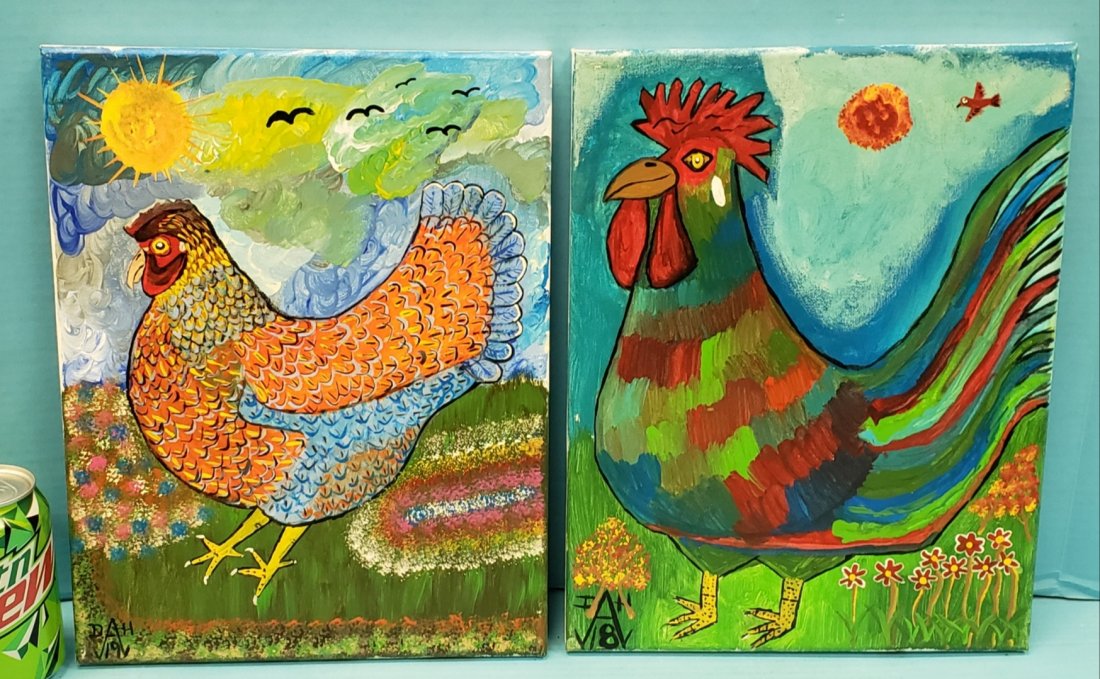 Dale Hinsley "Redbone" Rooster & Chicken Folk Art: Two 11" x 14" Painting on canvas of rooster and chicken. Signed on back. PLEASE READ & UNDERSTAND THE PAYMENT & SHIPPING TERMS FOR THIS AUCTION PRIOR TO PLACING BIDS. ALL BIDDERS ARE BOUND TO THE TERM