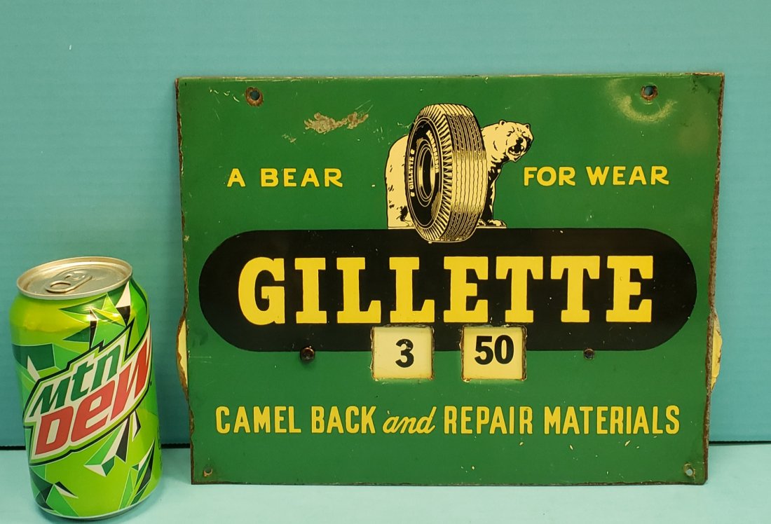 Scarce Gillette Tires Dial Sign: 10.75" 8.5" Metal over cardboard sign with 2 dials which allow for changing the number shown in the widows of the sign. Bright colors and minor paint flakes on the edges. PLEASE READ & UNDERSTAND THE