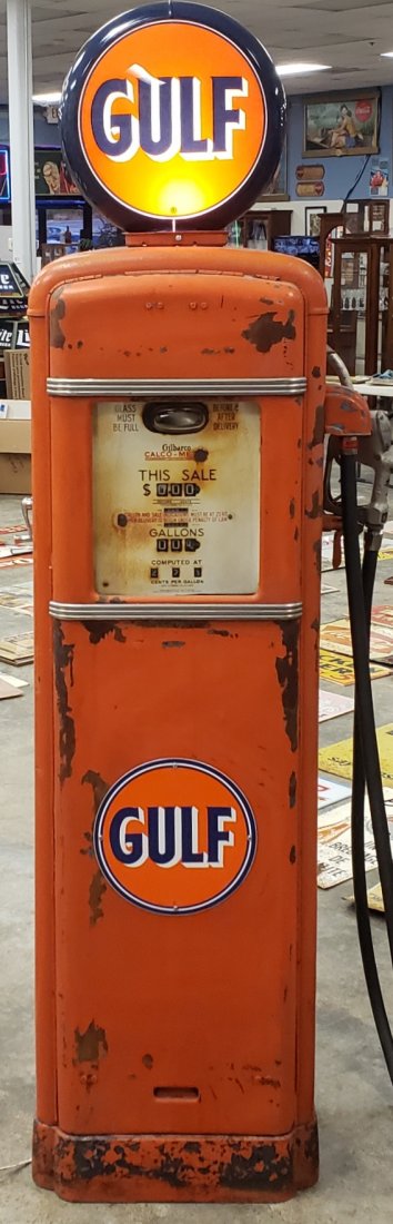 Gulf Gas Pump Calco Meter Unrestored: 87" Gas pump with scuffs, scratches, and paint flakes. New gas globe, hose, and Gulf pump plate. Original porcelain pump faces and LEAD signs. PLEASE READ & UNDERSTAND THE PAYMENT & SHIPPING TERMS FOR