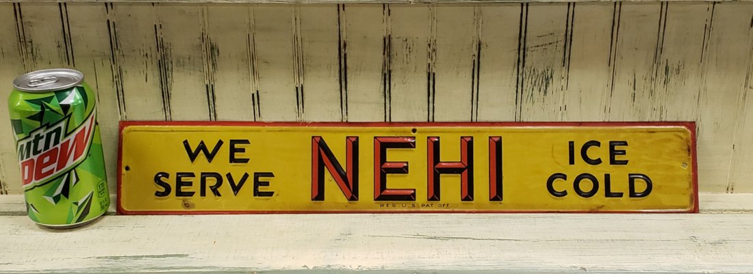 We Serve Nehi Ice Cold Tin Embossed Sign (1 of 2)