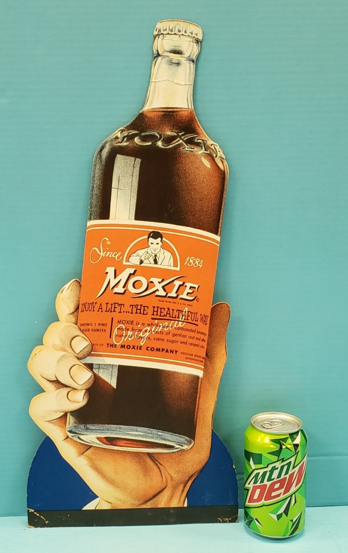 Moxie Die Cut Bottle Easel Back Sign: 9" x 21" cardboard sign with bright colors, bend on the bottom left and at the neck of the bottle. Staple holes at bottom corners and top. PLEASE READ & UNDERSTAND THE PAYMENT & SHIPPING TERMS FOR THI