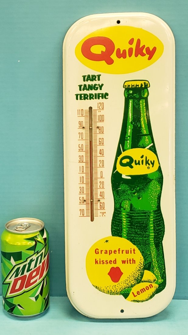 Quiky Thermometer: 6" x 16" Tin thermometer in excellent condition with bright colors and high gloss. PLEASE READ & UNDERSTAND THE PAYMENT & SHIPPING TERMS FOR THIS AUCTION PRIOR TO PLACING BIDS. ALL BIDDERS ARE BOUND B