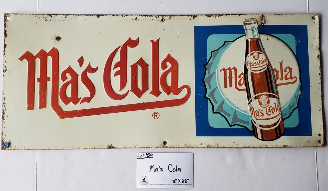 Ma's Cola Sign: Tin Sign in original used condition. This sign was removed from a Countries BBQ restaurant and has not been cleaned and may contain dust, stains scuffs, scratches, rust, paint flakes, holes or bends.