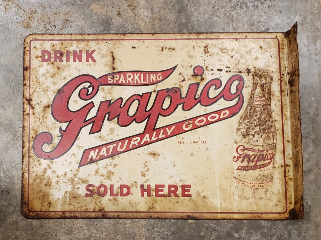 Scarce Drink Sparkling Grapico Flange Sign: 16.5" x 11.75" flange sign. This sign was removed from a Countries BBQ restaurant and has not been cleaned and may contain dust, stains, scuffs, scratches, paint flakes, holes or bends. Please see pho