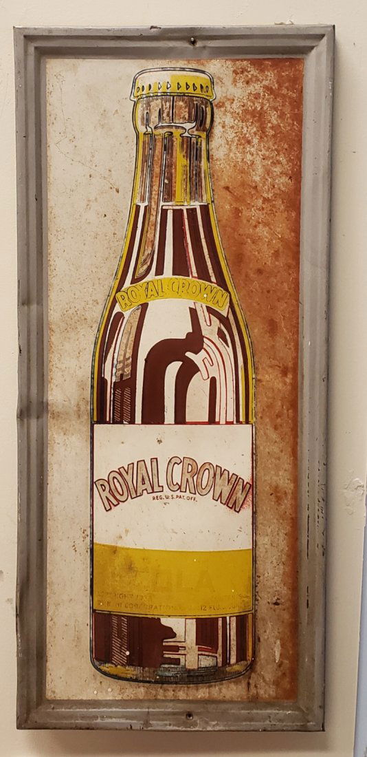 Royal Crown Cola Bottle Tin sign: 16" x 36" self framed bottle sign with rust & fading. This sign was removed from a Countries BBQ restaurant and has not been cleaned and may contain dust, stains scuffs, scratches, paint flakes, holes