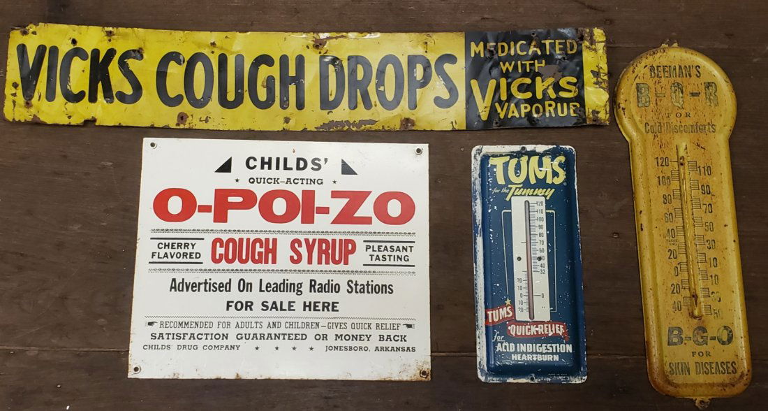Lot of 4 Medicine Tin Signs & Thermometers (1 of 4)