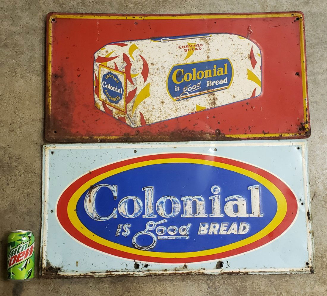 Lot of 2 Colonial Bread Embossed Tin signs (1 of 1)