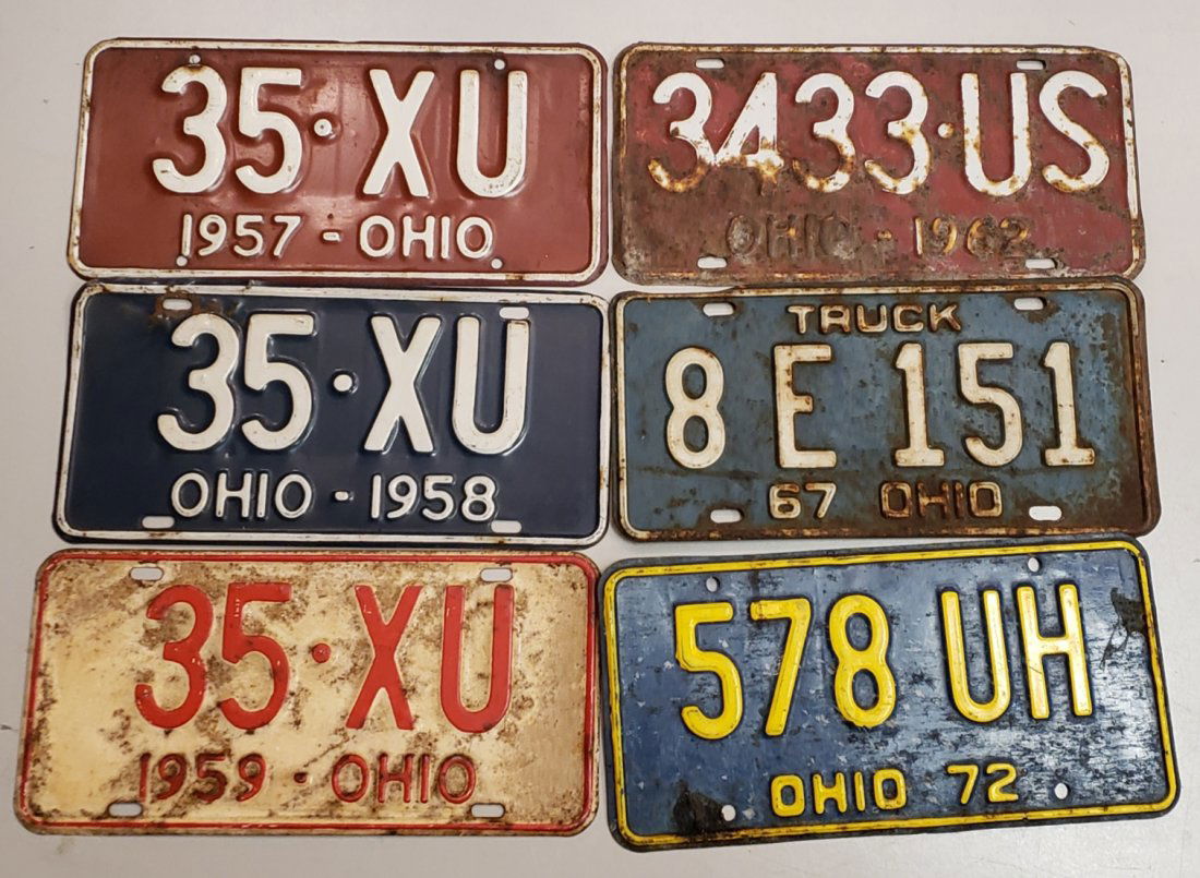 Lot of 6 Ohio License plates: Embossed license plates with dates from 1957 - 1972 all in used condition. PLEASE READ & UNDERSTAND THE PAYMENT & SHIPPING TERMS FOR THIS AUCTION PRIOR TO PLACING BIDS. ALL BIDDERS ARE BOUND TO THE TE