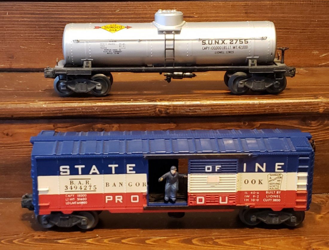 Lionel 3494275 B.A.R. & 2755 Sunoco Tanker: Lot of 2 Lionel cars including State of Maine and Sunoco tanker. All cars are in used condition. PLEASE READ & UNDERSTAND THE PAYMENT & SHIPPING TERMS FOR THIS AUCTION PRIOR TO PLACING BIDS. ALL BIDDE