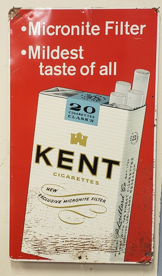 Kent Cigarettes Tin Sign: 11" x 19" tin sign with bright colors & paint flakes. PLEASE READ & UNDERSTAND THE PAYMENT & SHIPPING TERMS FOR THIS AUCTION PRIOR TO PLACING BIDS. ALL BIDDERS ARE BOUND TO THE TERMS OF THIS AUCTION.