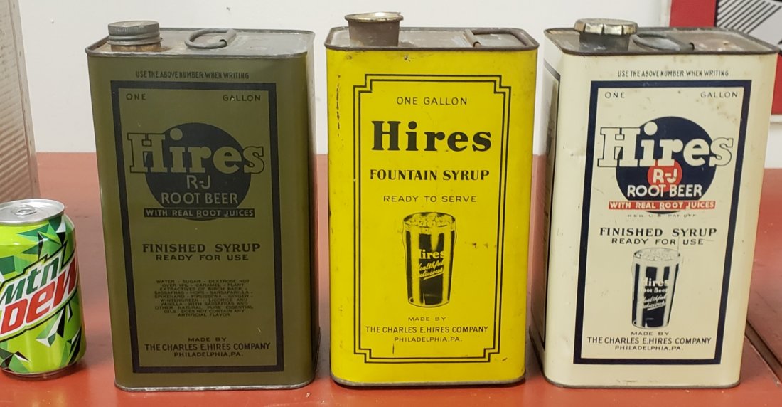 3 Hires R-J Root Beer Finished & Fountain Syrup Cans: Lot of three one gallon Hires tin can containers including 2 finished syrup and on fountain syrup. All have excellent graphics on all sides with minor scuffs. PLEASE READ & UNDERSTAND THE PAYMENT & SH