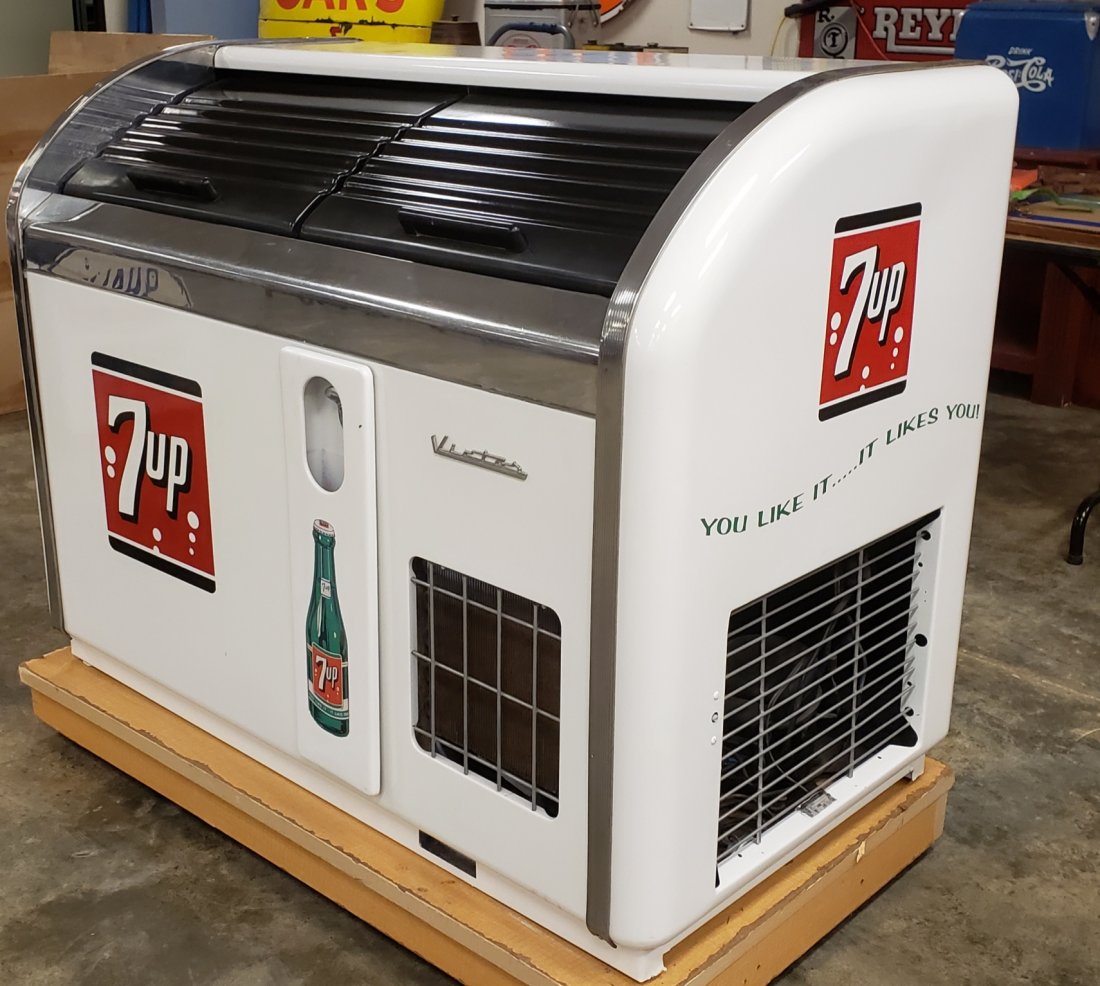 Restored 2 Door Victor 7up Cooler: 53"w x 40"h x 29"d Professionally restored 7up cooler in excellent condition. PLEASE READ & UNDERSTAND THE PAYMENT & SHIPPING TERMS FOR THIS AUCTION PRIOR TO PLACING BIDS. ALL BIDDERS ARE BOUND TO THE