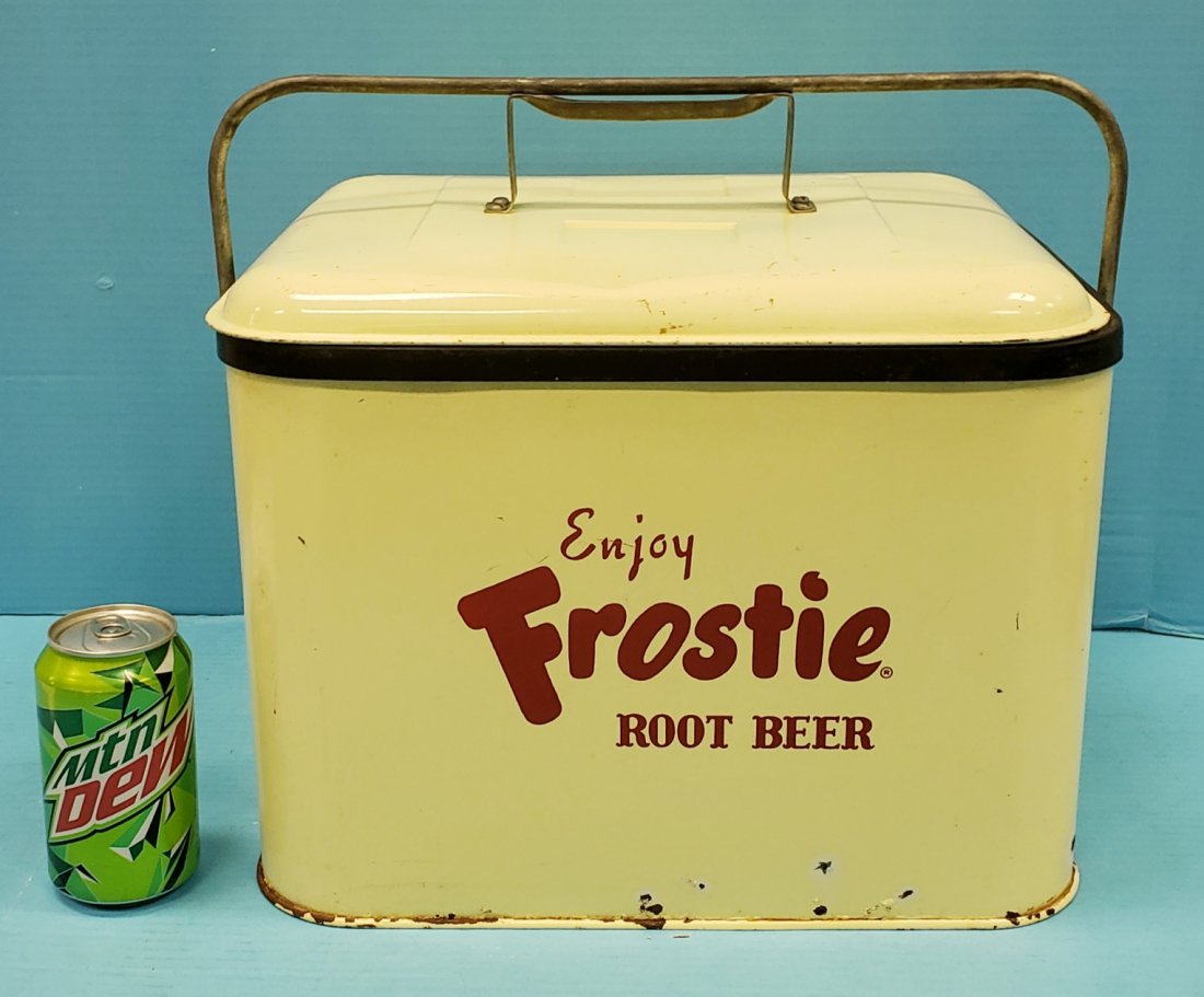 Frostie Root Beer Picnic Cooler: 14" x 11" x 13" Frostie Cooler with minor rust, paint flakes, minor holes on the outer metal. PLEASE READ & UNDERSTAND THE PAYMENT & SHIPPING TERMS FOR THIS AUCTION PRIOR TO PLACING BIDS. ALL BIDDERS 