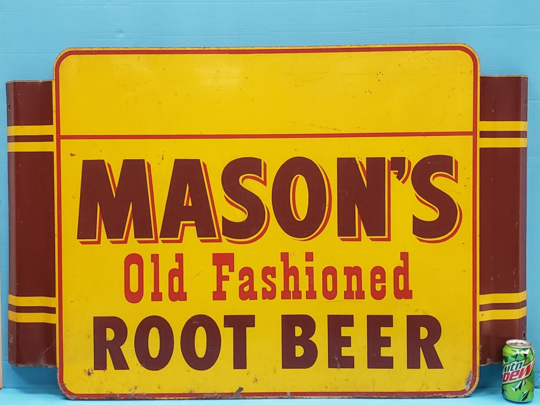 RARE Mason's Old Fashioned Root Beer Convex Sign: 46" x 30" RARE metal convex sign with bright colors, scuffs, scratches, and paint flakes. Made by Stout Sign Co. PLEASE READ & UNDERSTAND THE PAYMENTS & SHIPPING TERMS FOR THIS AUCTION PRIOR TO PLACIN