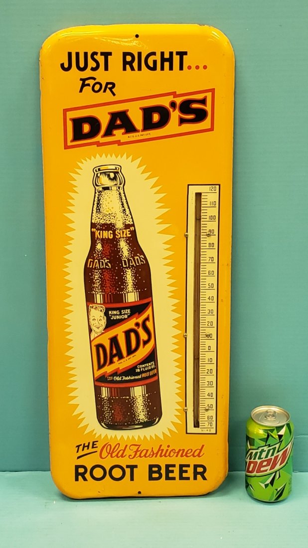 Dad's The Old Fashioned Root Beer Thermometer: 10" x 25" tin thermometer in excellent condition with bright colors and high gloss. PLEASE READ & UNDERSTAND THE PAYMENTS & SHIPPING TERMS FOR THIS AUCTION PRIOR TO PLACING BIDS. ALL BIDDERS ARE BOUND