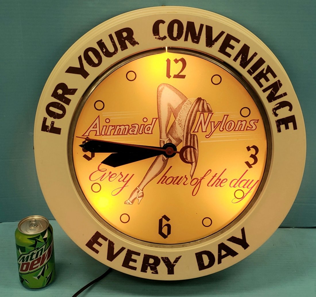 Airmaids Nylons Light Up Clock Every Hour of the Day: 18" Electric Clock with reverse painted glass and plastic housing. Excellent condition and graphics with minor wear on the lettering printed on the plastic housing. PLEASE READ & UNDERSTAND THE PAYMEN