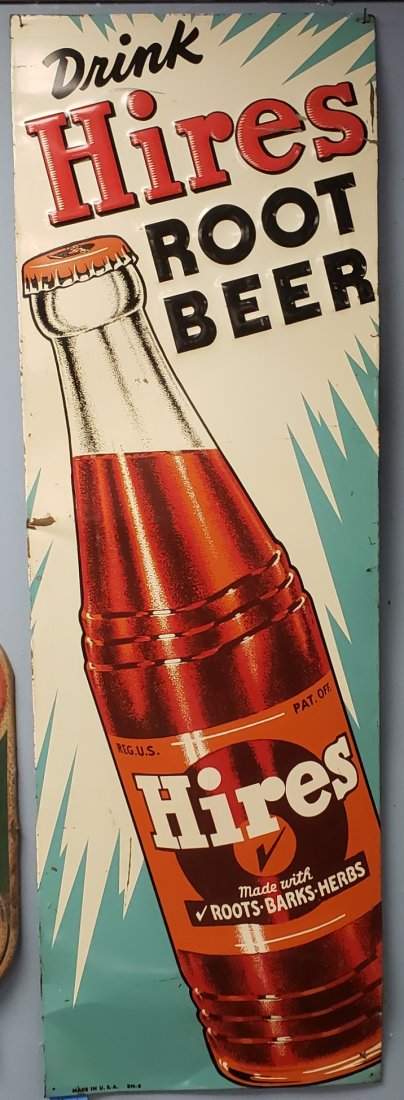 Drink Hires Root Beer Embossed Tin Sign: 13.5" x 41" Vertical tin sign with bright colors, high gloss, some paint flakes, and minor bend at the bottom. PLEASE READ & UNDERSTAND THE PAYMENT & SHIPPING TERMS FOR THIS AUCTION. ALL BIDDERS ARE B