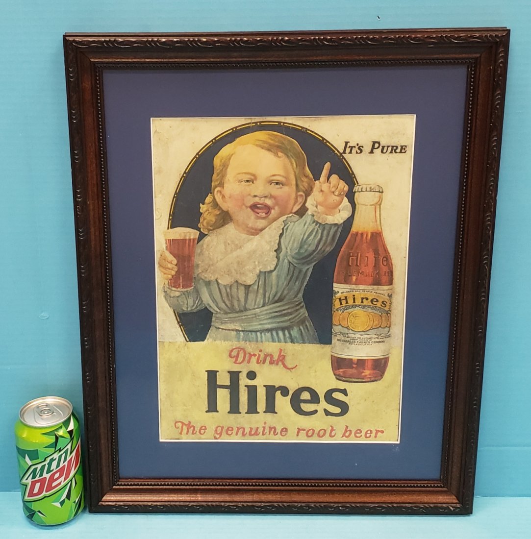 Circa 1900 Drink Hires The genuine root beer cardboard: 15.75" x 19.5" Framed under glass scarce early advertising with stains & touch ups. Displays well. PLEASE READ & UNDERSTAND THE PAYMENT & SHIPPING TERMS FOR THIS AUCTION PRIOR TO PLACING BIDS. ALL BID