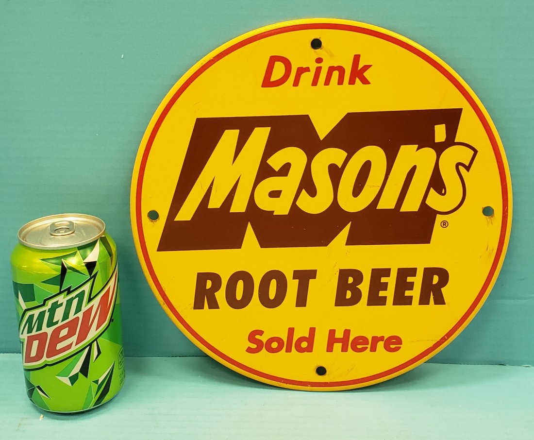 Drink Mason's Root Beer Sold Here Round Sign: 10" round metal sign with bright colors & high gloss. PLEASE READ & UNDERSTAND THE PAYMENT & SHIPPING TERMS FOR THIS AUCTION PRIOR TO PLACING BIDS. ALL BIDDERS ARE BOUND TO THE TERMS OF THIS AUCTION.