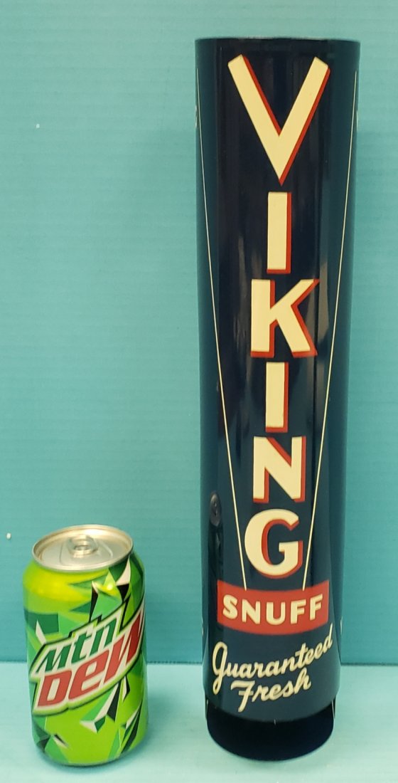NOS Viking Snuff Tin Wall Mount Dispenser: 15" New old stock Snuff tobacco dispenser in excellent condition with bright colors & high gloss. PLEASE READ & UNDERSTAND THE PAYMENT & SHIPPING TERMS FOR THIS AUCTION PRIOR TO PLACING BIDS. ALL BIDD