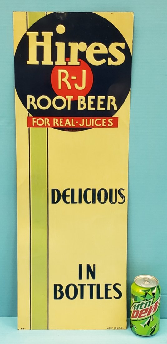 Hires R-J Root Beer Vertical Embossed Tin Sign: 9.75" x 27.5" Vertical embossed tin sign with bright colors, minor scuffs and bends. PLEASE READ & UNDERSTAND THE PAYMENT & SHIPPING TERMS FOR THIS AUCTION PRIOR TO PLACING BIDS. ALL BIDDERS ARE BOUND