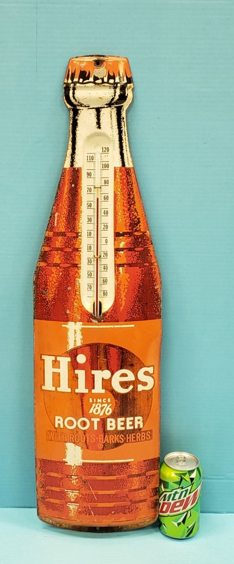 Hires Root Beer Die Cut Bottle Thermometer: 8" x 29" Tin die cut bottle thermometer with paint flakes and fading. PLEASE READ & UNDERSTAND THE PAYMENT & SHIPPING TERMS FOR THIS AUCTION PRIOR TO PLACING BIDS. ALL BIDDERS ARE BOUND TO THE TERMS O