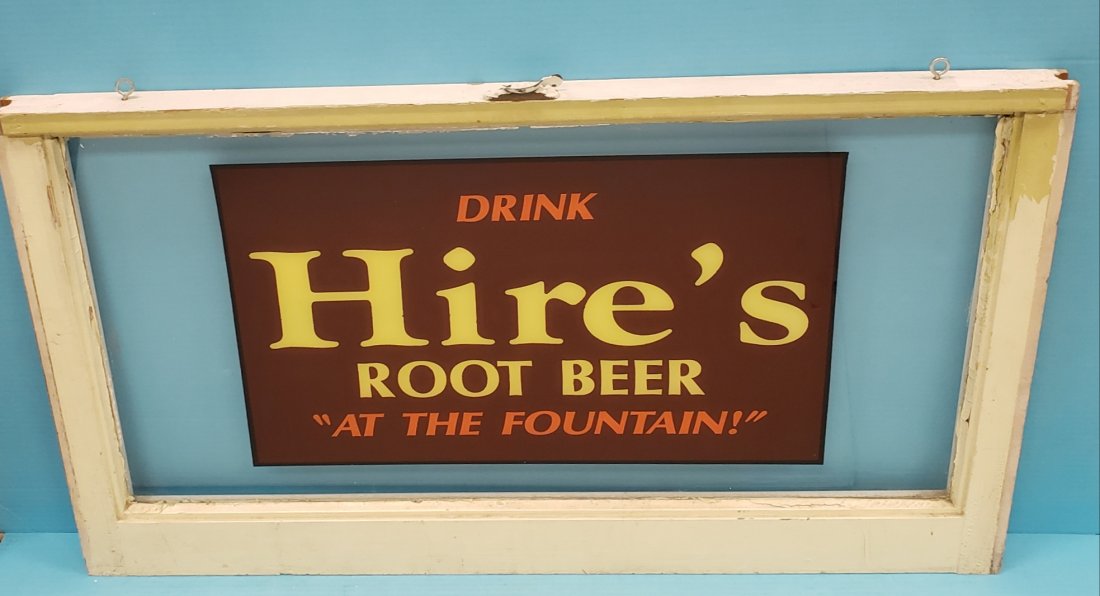 Drink Hires Root Beer At The Fountain Window: 36" x 20" Circa 1920's soda fountain window in excellent condition. PLEASE READ & UNDERSTAND THE PAYMENT & SHIPPING TERMS FOR THIS AUCTION PRIOR TO PLACING BIDS. ALL BIDDERS ARE BOUND TO THE TERMS OF 