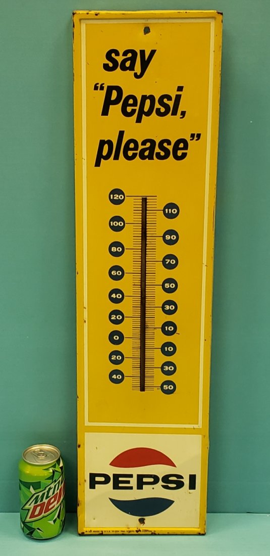 1965 say Pepsi please embossed thermometer: 7.75" x 28" tin embossed thermometer with bright colors, scuffs, scratches and cracked glass thermometer. PLEASE READ & UNDERSTAND THE PAYMENT & SHIPPING TERMS FOR THIS AUCTION PRIOR TO PLACING BIDS. 