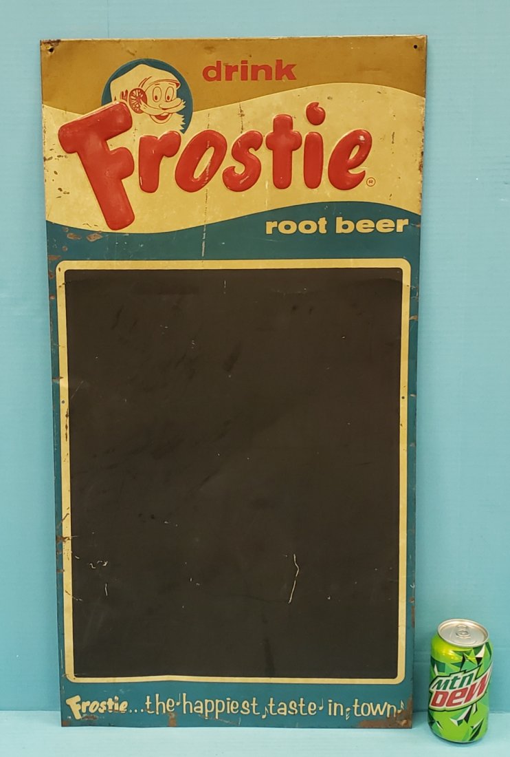 Drink Frostie Root Beer Embossed Menu Board Sign: 15.5" x 29.5" Tin embossed menu board with scuffs, scratches, and stains. PLEASE READ & UNDERSTAND THE PAYMENT & SHIPPING TERMS FOR THIS AUCTION PRIOR TO PLACING BIDS. ALL BIDDERS ARE BOUND TO THE TER