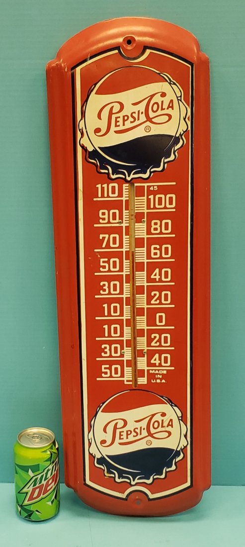 Pepsi Cola Bottle Cap Thermometer: 8.25" x 27" tin thermometer with bright colors and some scratches. PLEASE READ & UNDERSTAND THE PAYMENT & SHIPPING TERMS FOR THIS AUCTION PRIOR TO PLACING BIDS. ALL BIDDERS ARE BOUND TO THE TERMS OF T