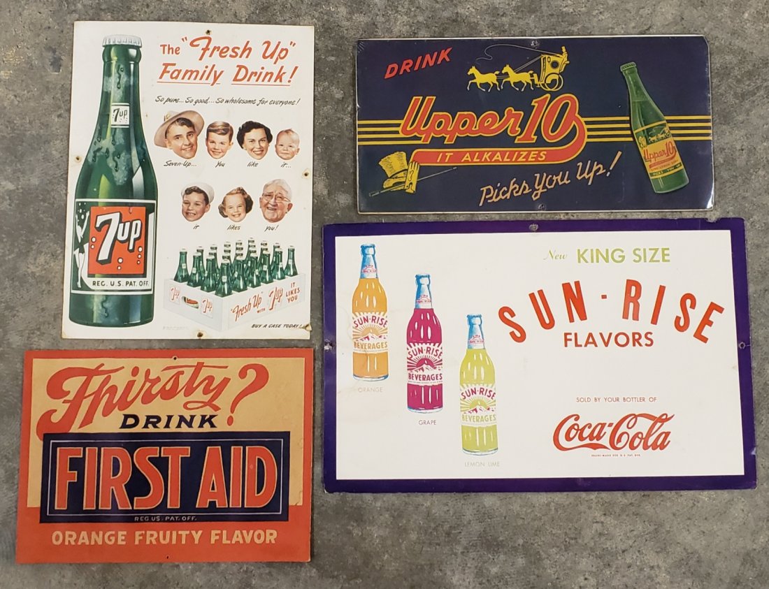 Lot of 4 Soda Pop Signs: Lot of 4 signs including 3 cardboard signs, 1950 12" x 16" easel back 7up sign, Sun-Rise Flavors sign, Upper 10 sign, and a heavy stock paper Drink First Aid sign 14" x 10". All signs are very present