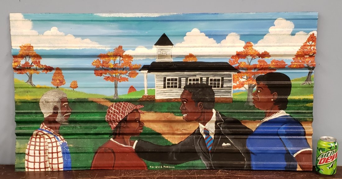 Richard Roebuck Rural Scene Folk Art Painting on Tin: 40" x 21.5" painting on tin rural scene. Excellent condition. Signed on front. PLEASE READ & UNDERSTAND THE PAYMENT & SHIPPING TERMS FOR THIS AUCTION PRIOR TO PLACING BIDS. ALL BIDDERS ARE BOUND TO TH