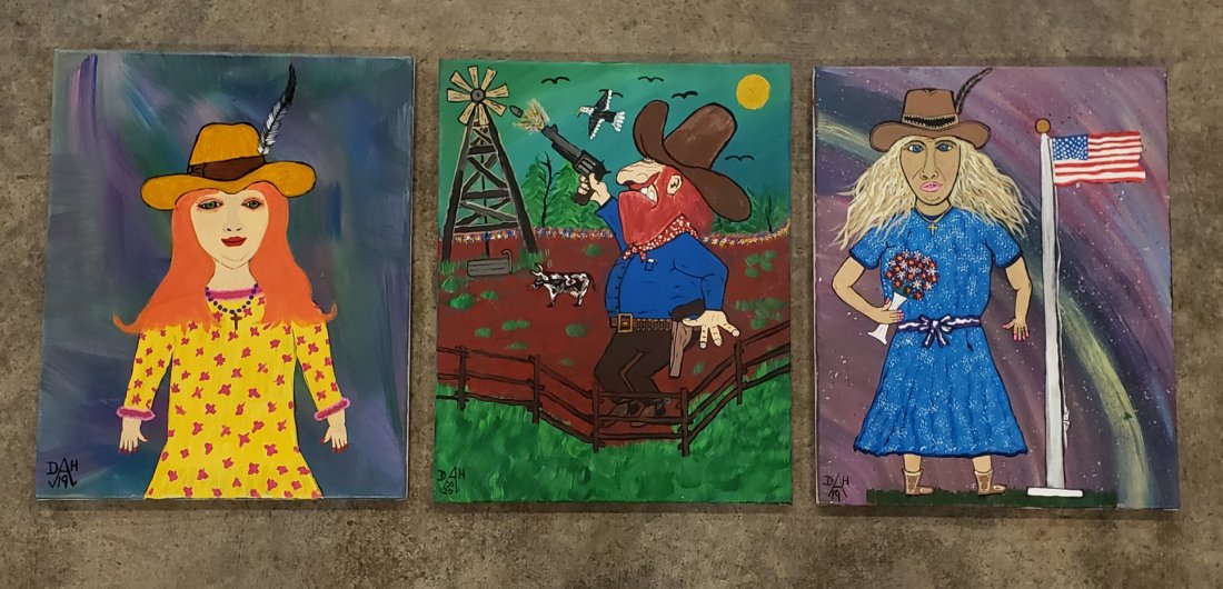 Lot of 3 Dale Hinsley "Redbone" Folk Art Paintings: Lot of 3 paintings on canvas including a cowboy and two western girls. Each are 16" x 20" and signed on the back. PLEASE READ & UNDERSTAND THE PAYMENT & SHIPPING TERMS FOR THIS AUCTION PRIOR TO PLACIN