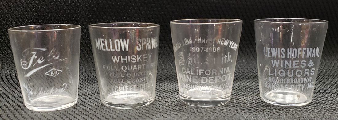 4 Pre Prohibition Shot Glasses: Lot of 4 shot glasses including; Fels Whiskey, California Wine Depot 1907-1908, Mellow Springs Whiskey, and Lewis Hoffman Wines & Liquors. No chips and some light fading. PLEASE READ & UNDERSTAND THE