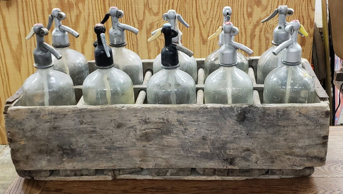 Lot of 10 Glass Seltzer bottles in Original Wood Crate (1 of 2)