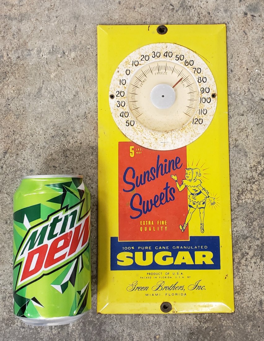 Sunshine Sweets Sugar Thermometer: 5" x 10.75" tin over cardboard thermometer with surface rust and minor scuffs. PLEASE READ & UNDERSTAND THE PAYMENT AND SHIPPING TERMS FOR THIS AUCTION PRIOR TO PLACING BIDS. ALL BIDDERS ARE BOUND TO 