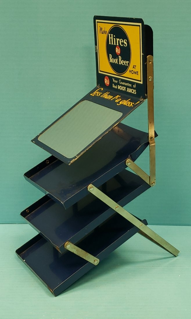 Hires R-J Root Beer Store Counter Display Sales Self: Metal counter display for Hires Root Beer concentrate with bright colors, mirror on top, and three shelves. There a few minor paint flakes and a small bend in the edge of the top shelf. PLEASE READ &