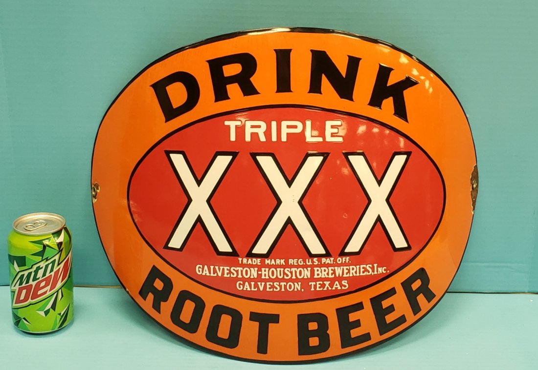 Triple XXX Root Beer Soda Fountain Curved Barrel Sign: 17.5" x 13.75" Curved porcelain barrel sign with high gloss, bright colors, and porcelain chips around the mounting holes. PLEASE READ & UNDERSTAND THE PAYMENT & SHIPPING TERMS FOR THIS AUCTION PRIOR 