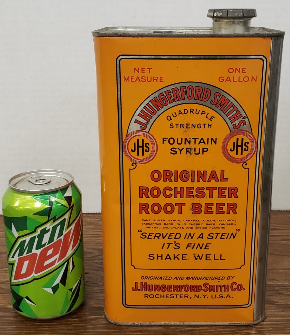 Scarce Rochester Root Beer Fountain Syrup Can: One gallon syrup can with excellent graphics and minor scuffs. PLEASE READ & UNDERSTAND THE PAYMENT & SHIPPING TERMS FOR THIS AUCTION PRIOR TO PLACING BIDS. ALL BIDDERS ARE BOUND TO THE TERMS OF THIS 
