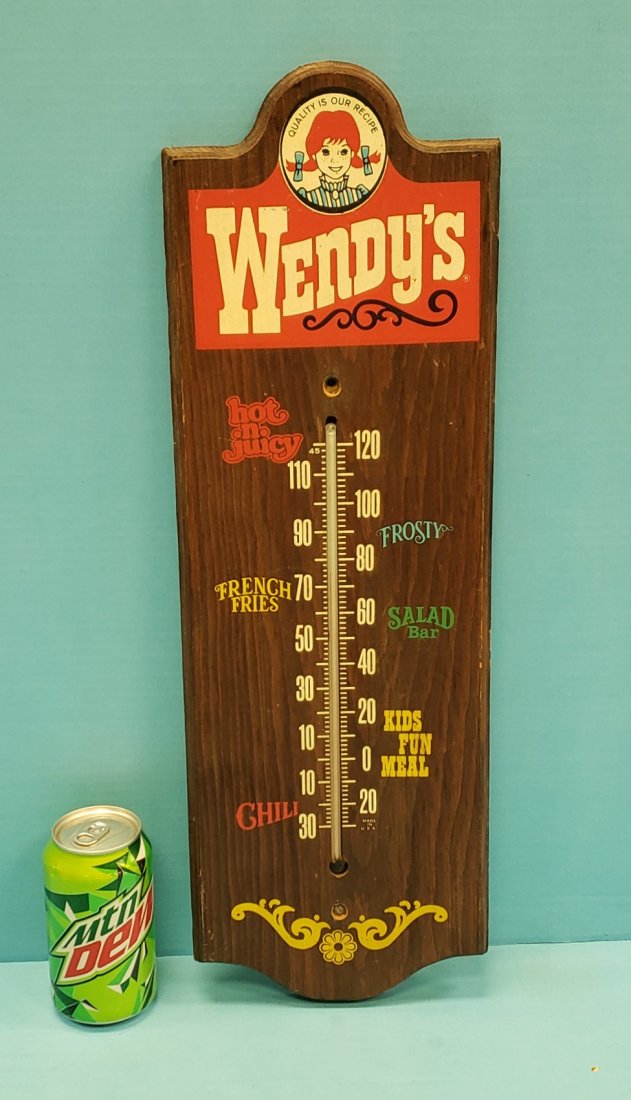 Wendy's Advertising Thermometer: 7.25" x 22 Wood Thermometer in excellent condition with bright colors and minor scuffs. PLEASE READ & UNDERSTAND THE PAYMENT & SHIPPING TERMS FOR THIS AUCTION PRIOR TO PLACING BIDS. ALL BIDDERS ARE BO
