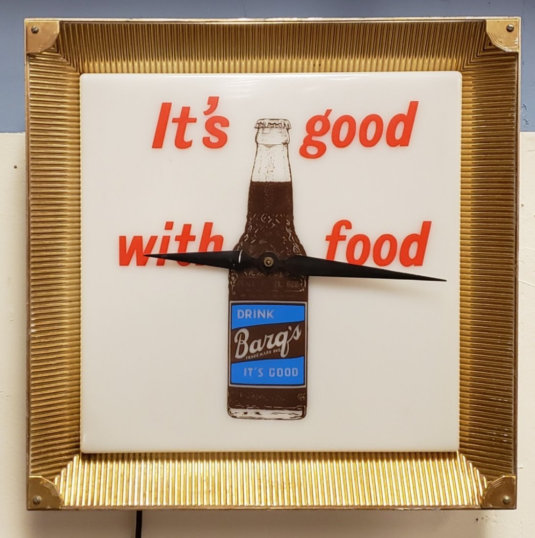 Scarce Barq's Light Up Clock "It's Good With Food": 16" x16" Working light up Barq's root beer clock. Plastic face with logo. PLEASE READ & UNDERSTAND THE PAYMENT & SHIPPING TERMS FOR THIS AUCTION PRIOR TO PLACING BIDS. ALL BIDDERS ARE BOUND TO THE TER