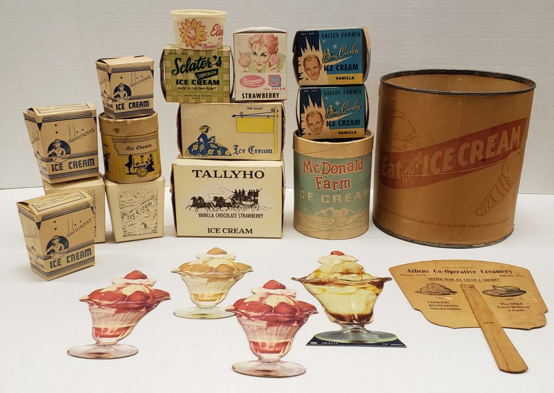 Ice Cream Lot - Cartons, Die cut cardboard sundaes: Lot of 20 vintage ice cream store soda fountain items including 15 vintage ice cream cartons with Bing Crosby, McDonald Farm, Bordon's and others. Four die cut ice cream sundae cardboard signs and an 