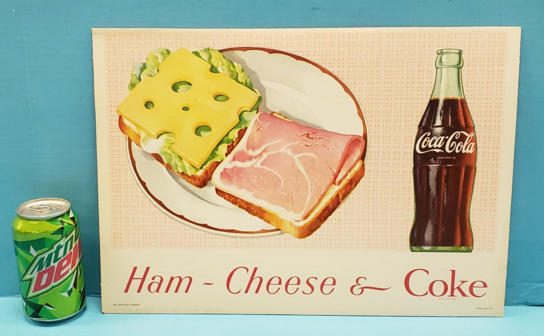 NOS Coca Cola Ham - Cheese - Coke Cardboard Diner Sign: 17" x 12" Scarce new old stock diner sign in excellent condition. PLEASE READ & UNDERSTAND THE PAYMENT & SHIPPING TERMS FOR THIS AUCTION PRIOR TO PLACING BIDS. ALL BIDDERS ARE BOUND TO THE TERMS OF TH