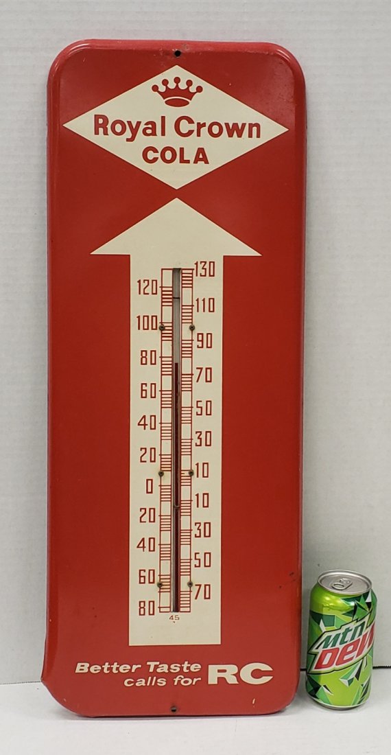Royal Crown Cola Thermometer: 9.75" x 25.25" Tin thermometer with bright colors and minor scuffs. PLEASE READ & UNDERSTAND THE PAYMENT & SHIPPING TERMS FOR THIS AUCTION PRIOR TO PLACING BIDS. ALL BIDDERS ARE BOUND TO THE TERMS OF