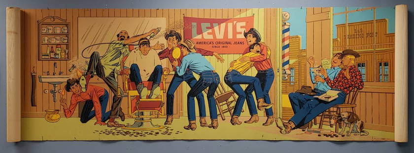 Rare Levi's Barber Shop Advertising Banner: 34" x 120" Scarce circa 1950's or early 60's large corrugated paper banner with bright colors showing a comical barber shop scene. Mfg by Velvetone. This banner came out of the Consignor's