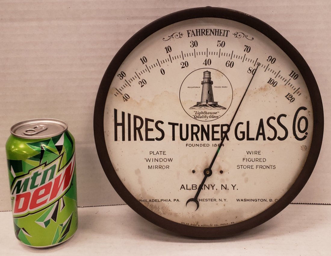 Hires Turner Glass Co. Advertising Thermometer: 9" Early glass face thermometer with light stains. Founded in 1894. PLEASE READ & UNDERSTAND THE PAYMENT & SHIPPING TERMS FOR THIS AUCTION. ALL BIDDERS ARE BOUND TO THE TERMS OF THIS AUCTION.