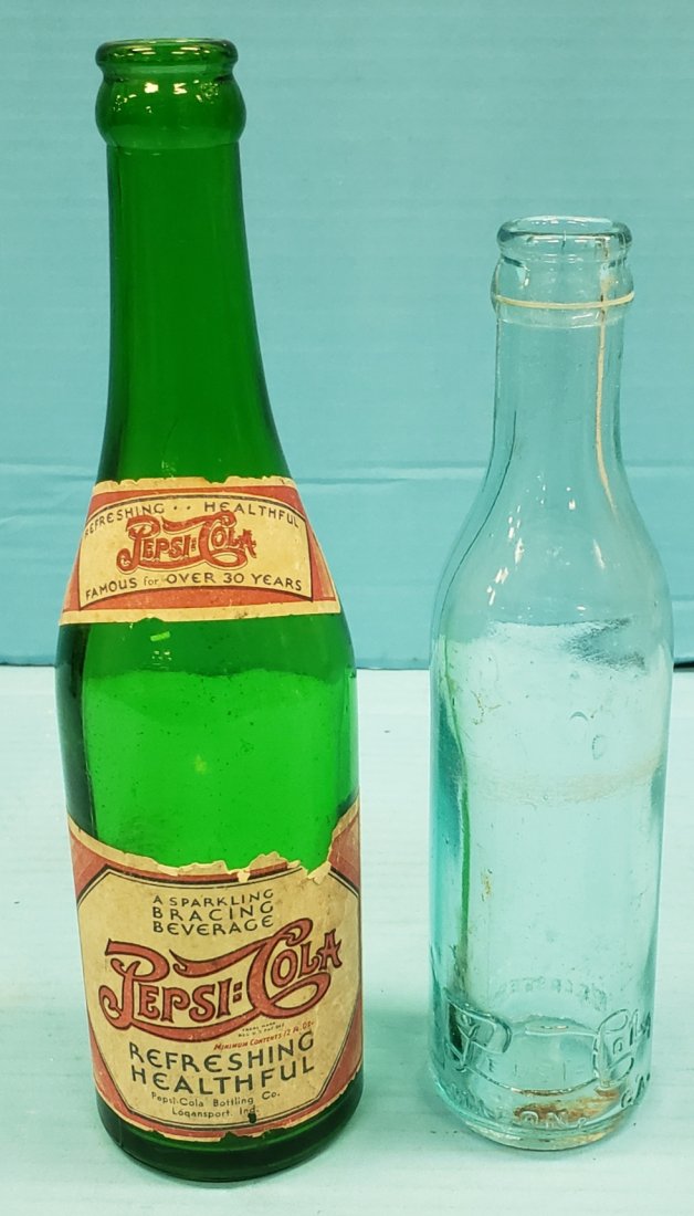 2 Pepsi Cola Bottles Straight Sided & Paper Label Green (1 of 2)